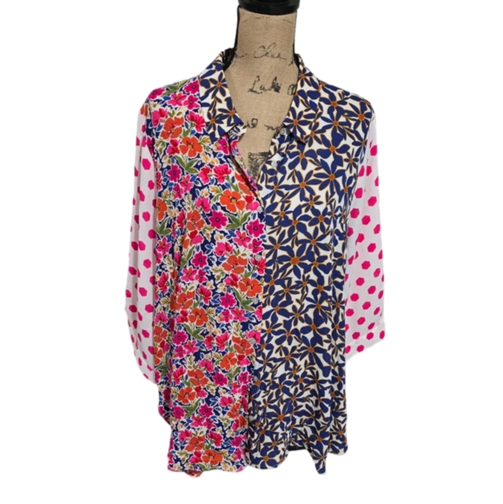 Rose & Olive Mixed Print Floral Leopard Button Down Shirt Patchwork Multicolor - Picture 2 of 11